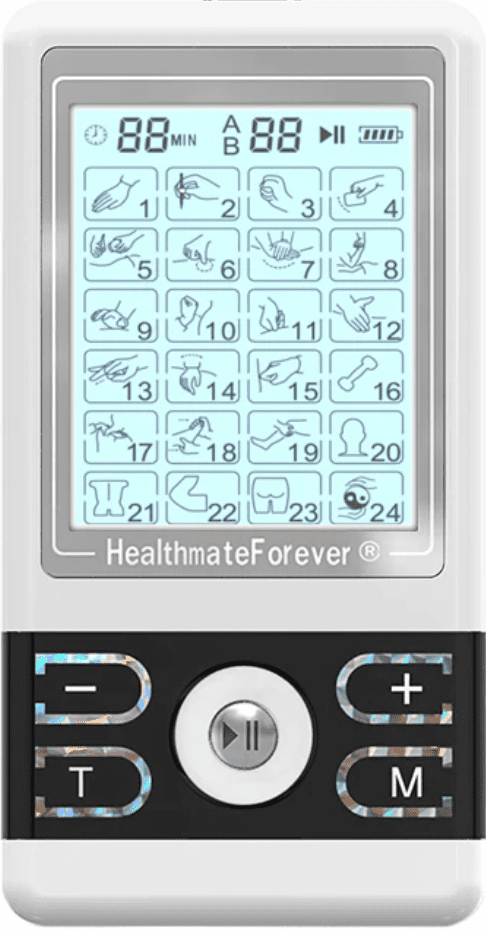 Shown is the healthmate forever TENS unit  and its settings. 