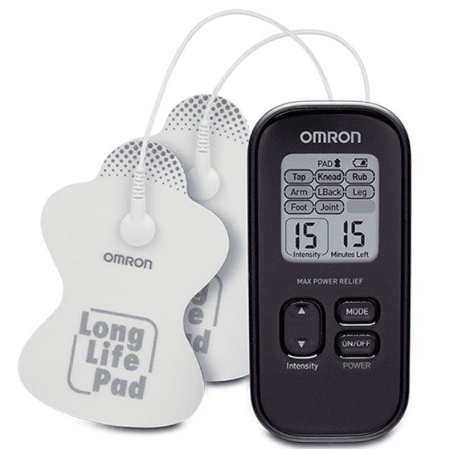 Displayed is the moron max power relief TENS unit with its long life pads.