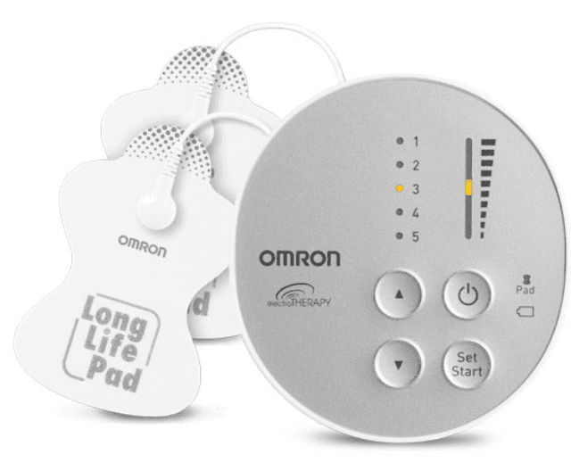 Shown is the omron pocket pain pro TENS unit with its long life pads