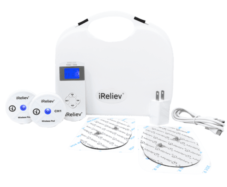 Shown is the iReliev primium TENS and EMS therapeutic wearable system