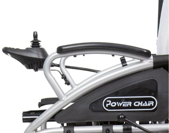 Displayed is side-view and close-up of the vive compact power wheelchair
