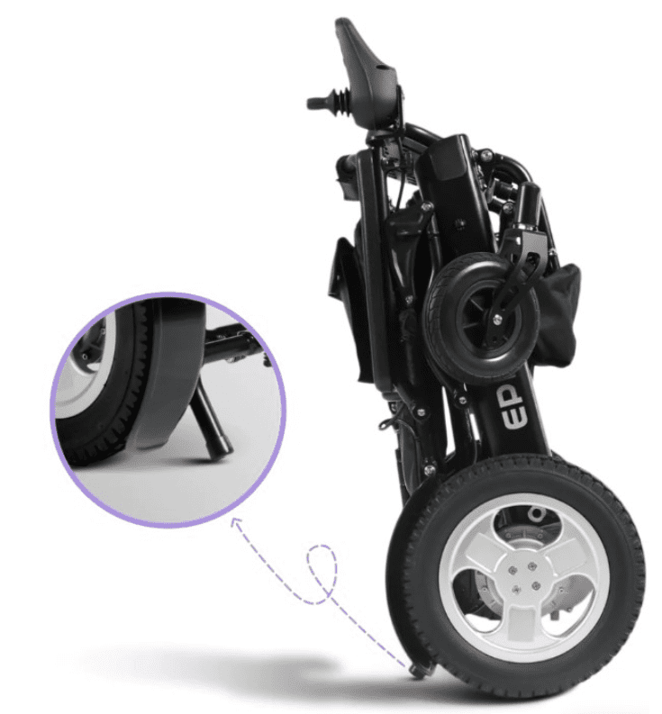 This shows the folded version of the wheelchair