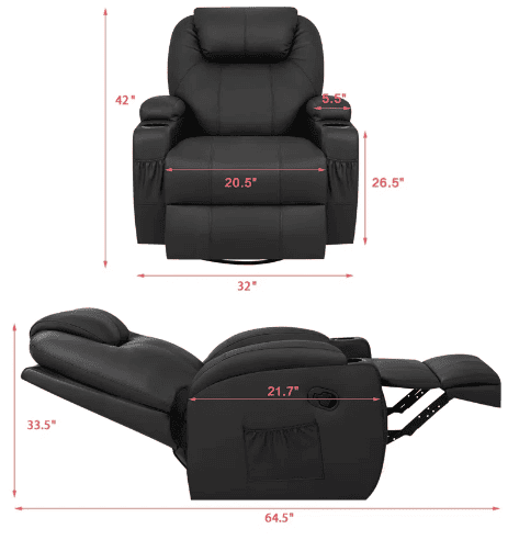 Displays the dimensions of the recliner