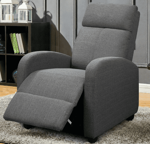 Shown is the reclined position of the upholstered massage chair
