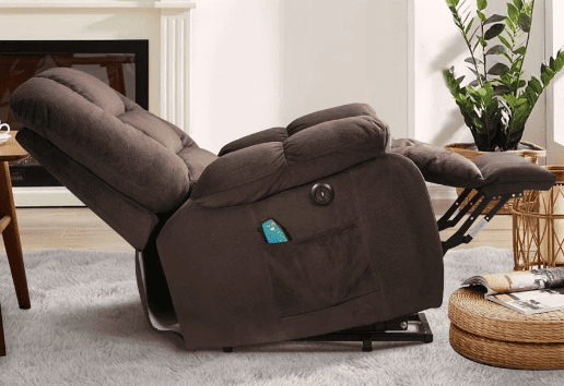 Displayed is the reclined position of the lift recliner rehabilitation chair