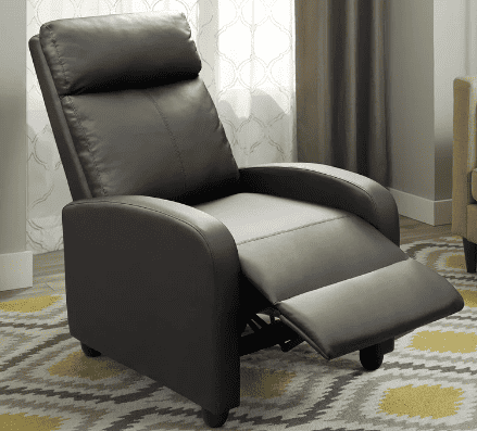 Shown is the reclined position of pettit vegan leather recliner chair