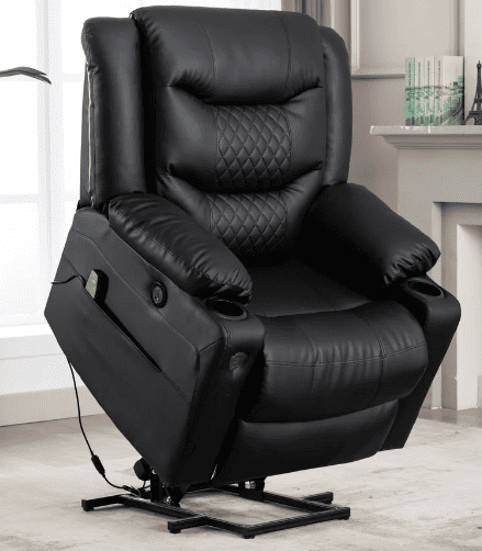 Displayed is the lift function of the kanajah fauz leather recliner