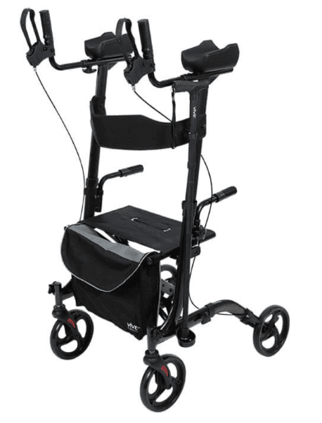 Shown is the vive upright rollator. Amongst upright rollators, this is the best upright rollator with seat