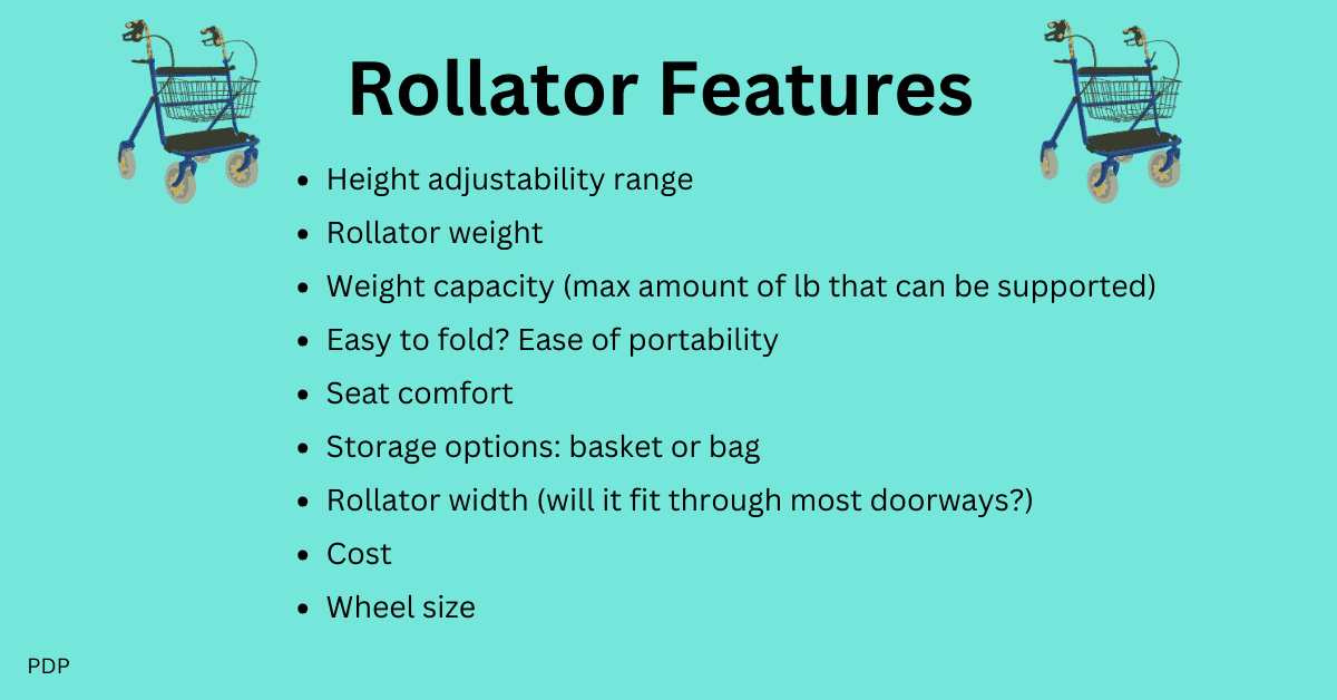 Shown is a check list for the different features to consider in a rollator