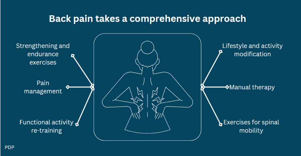 This figure explains how back pain takes a comprehensive approach