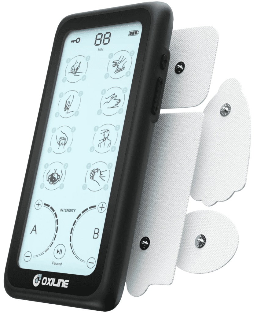 This displays the oxiline TENS X pro, which a great tens unit for back pain