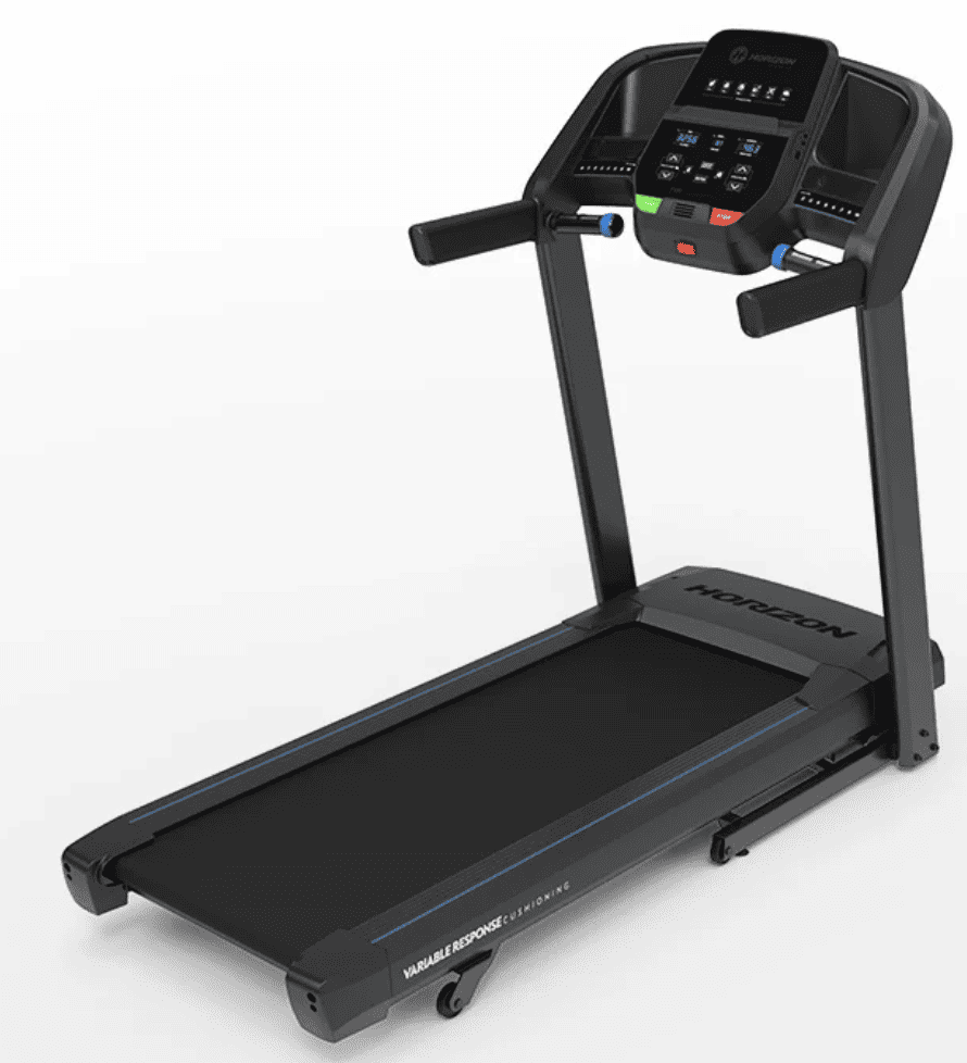 Displayed is the horizen fitness T101 treadmill