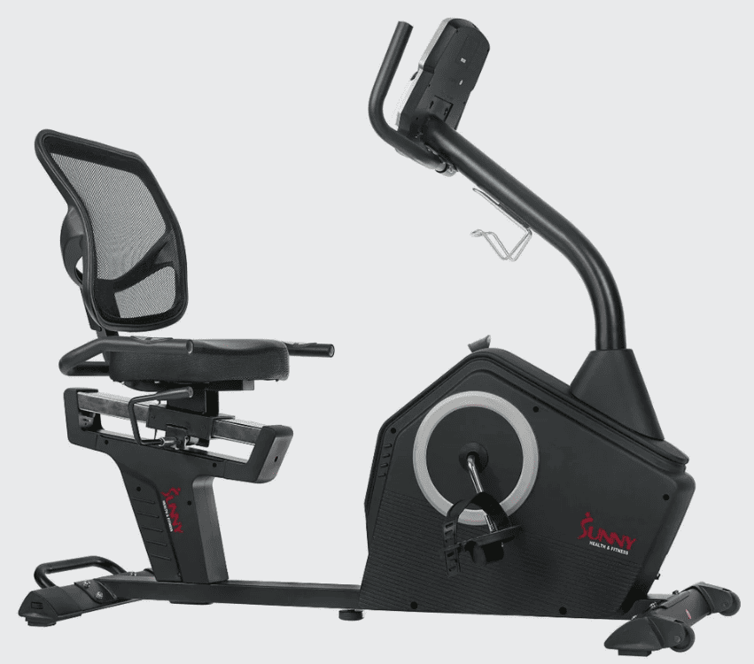 Displayed is the set-up of stationary recumbent bike by SunnyHealthFitness