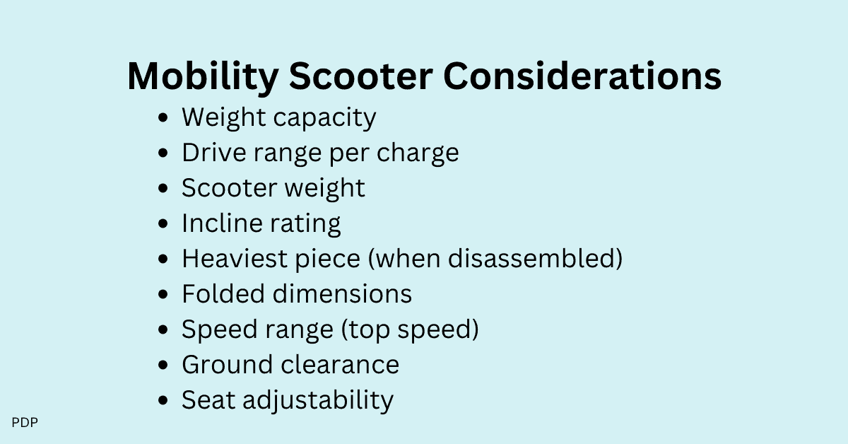 This displays the considerations you should have when choosing a 4 wheel mobility scooter